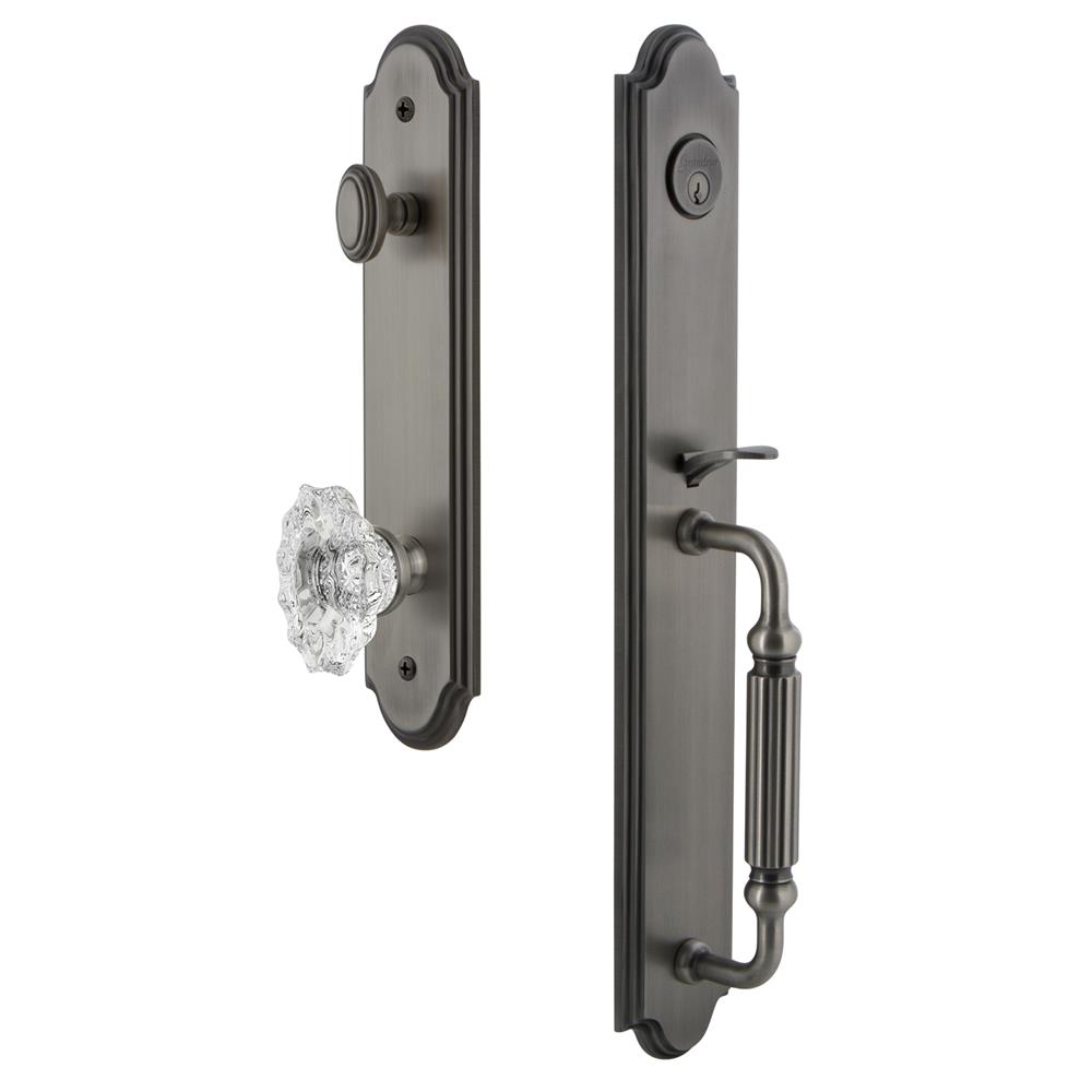 Grandeur by Nostalgic Warehouse ARCFGRBIA Arc One-Piece Handleset with F Grip and Biarritz Knob in Antique Pewter